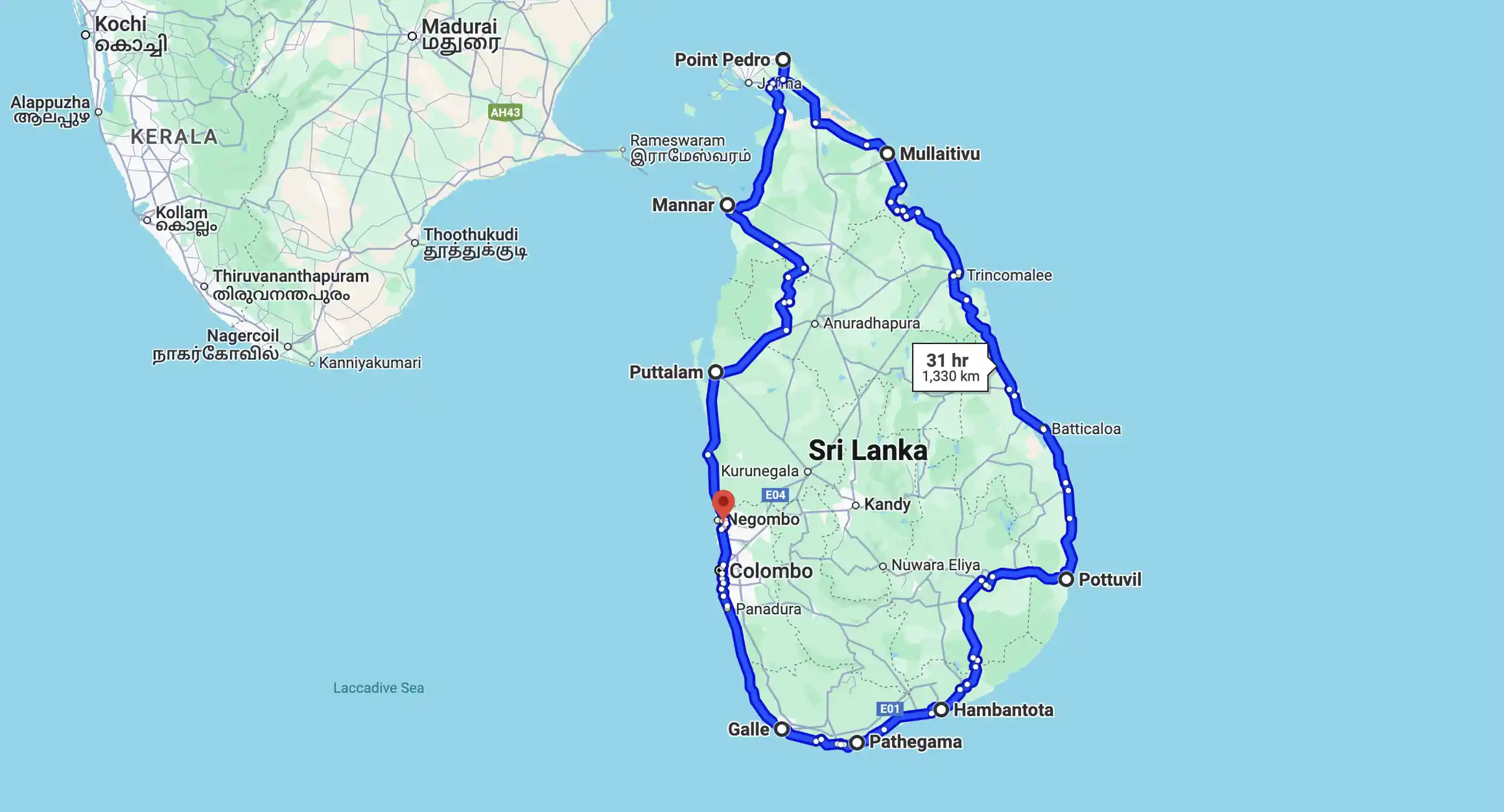 Sri Lanka - Cycling Route Map