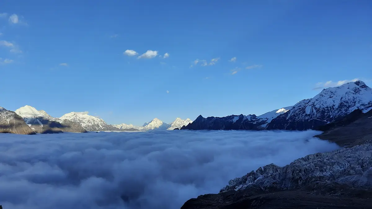 View above the clouds from Manaslu Base Camp on the Manaslu Circuit trek Nepal