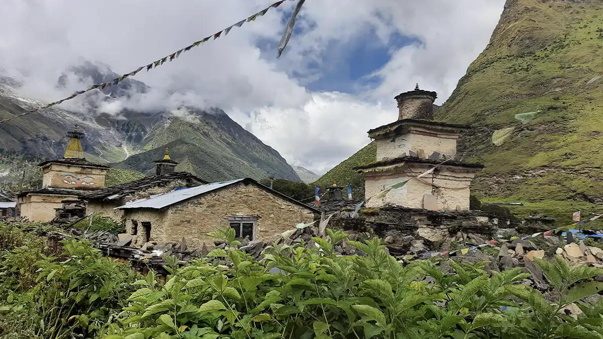 tibetan monastery prayer flags manaslu circuit