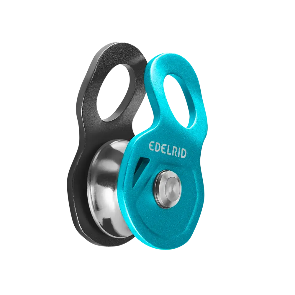 edelrid-flux-pulley-icemint-side Edelrid Flux Pulley Ice Mint side view showing movable aluminium side plate