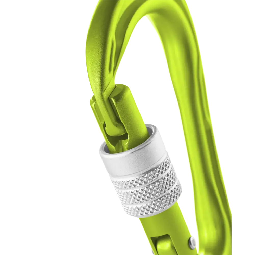 Close-up of screwgate locking mechanism on Edelrid HMS Strike carabiner