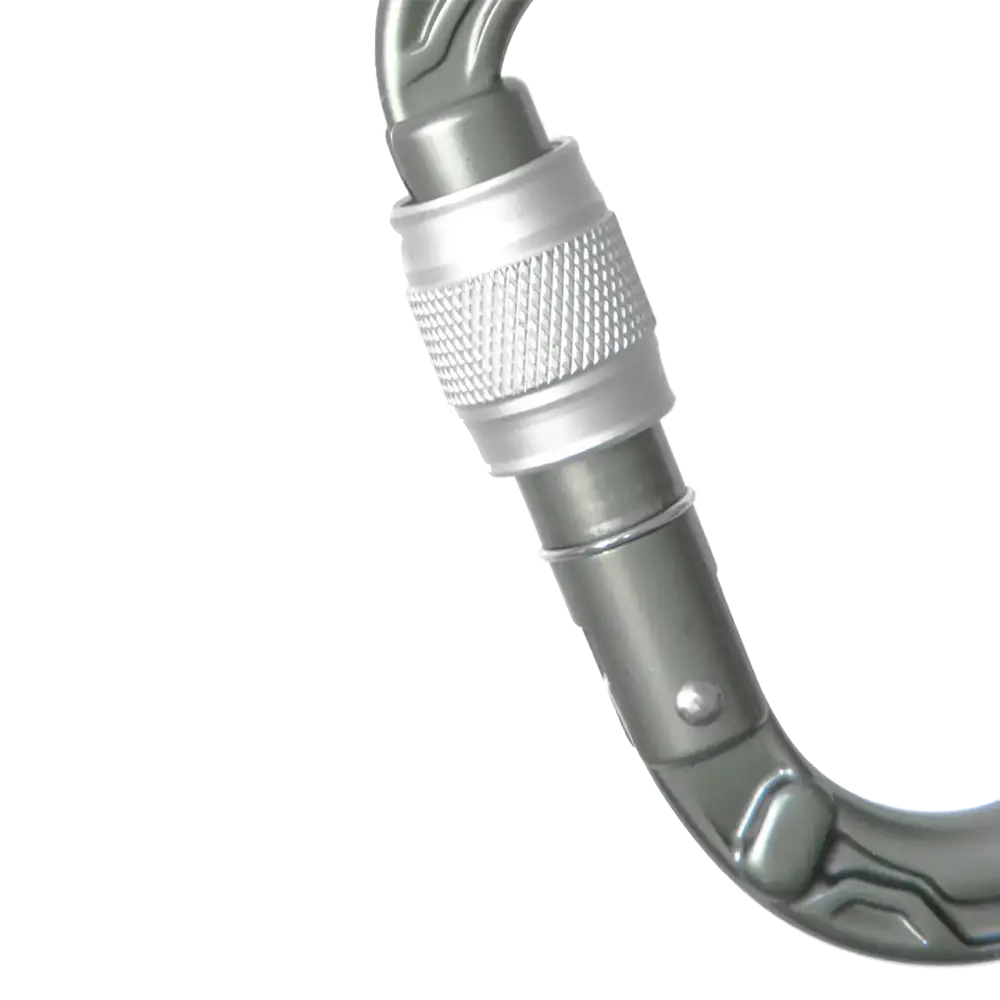 Close-up of screwgate locking sleeve on Edelrid HMS Bulletproof carabiner