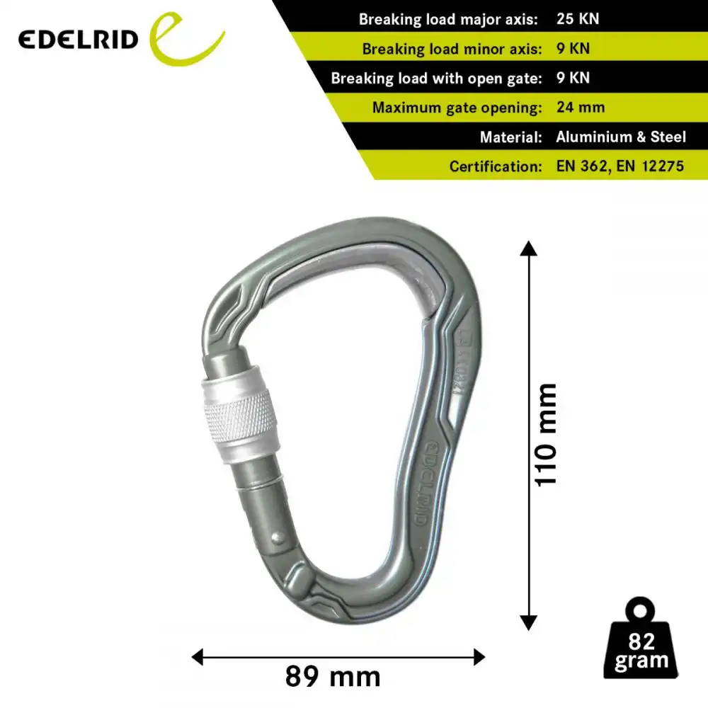Edelrid HMS Bulletproof Screw carabiner technical specs — 25kN, 82g, 110x89mm