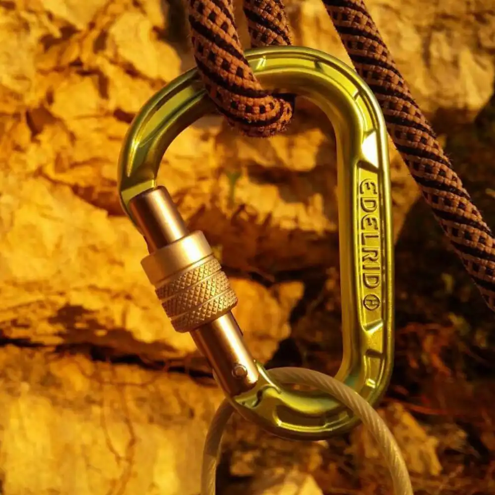 Edelrid HMS Strike Screw carabiner clipped to rope on rock face