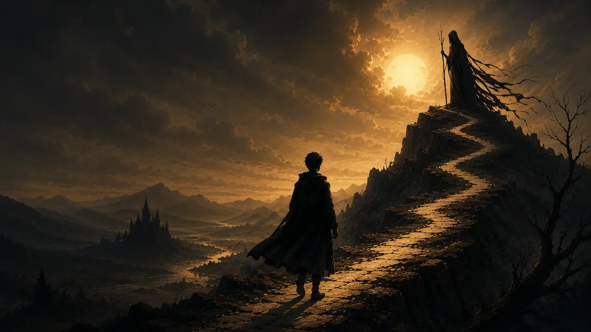 The only way to die. A traveler walking toward a distant figure on a mountain path at sunset.